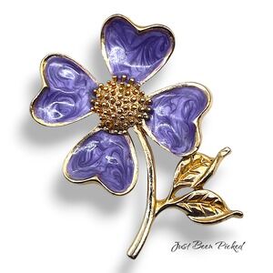 AAi Vintage Floral Brooch 2 inch Purple Gold Toned